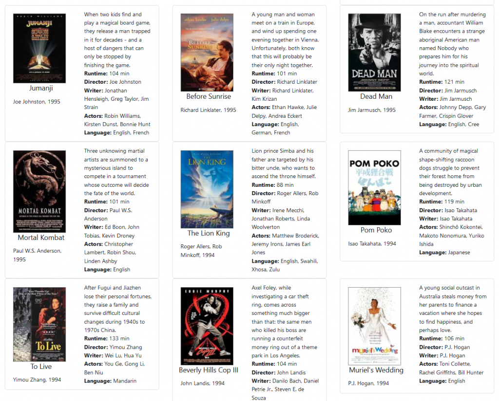 A tiled grid of 4 by 3 cards, featuring movie posters and descriptions. The movies in the screenshot are all from 1995 - Jumanji, Before Sunrish, Dead Man, Mortal Kombat, The Lion King etc.